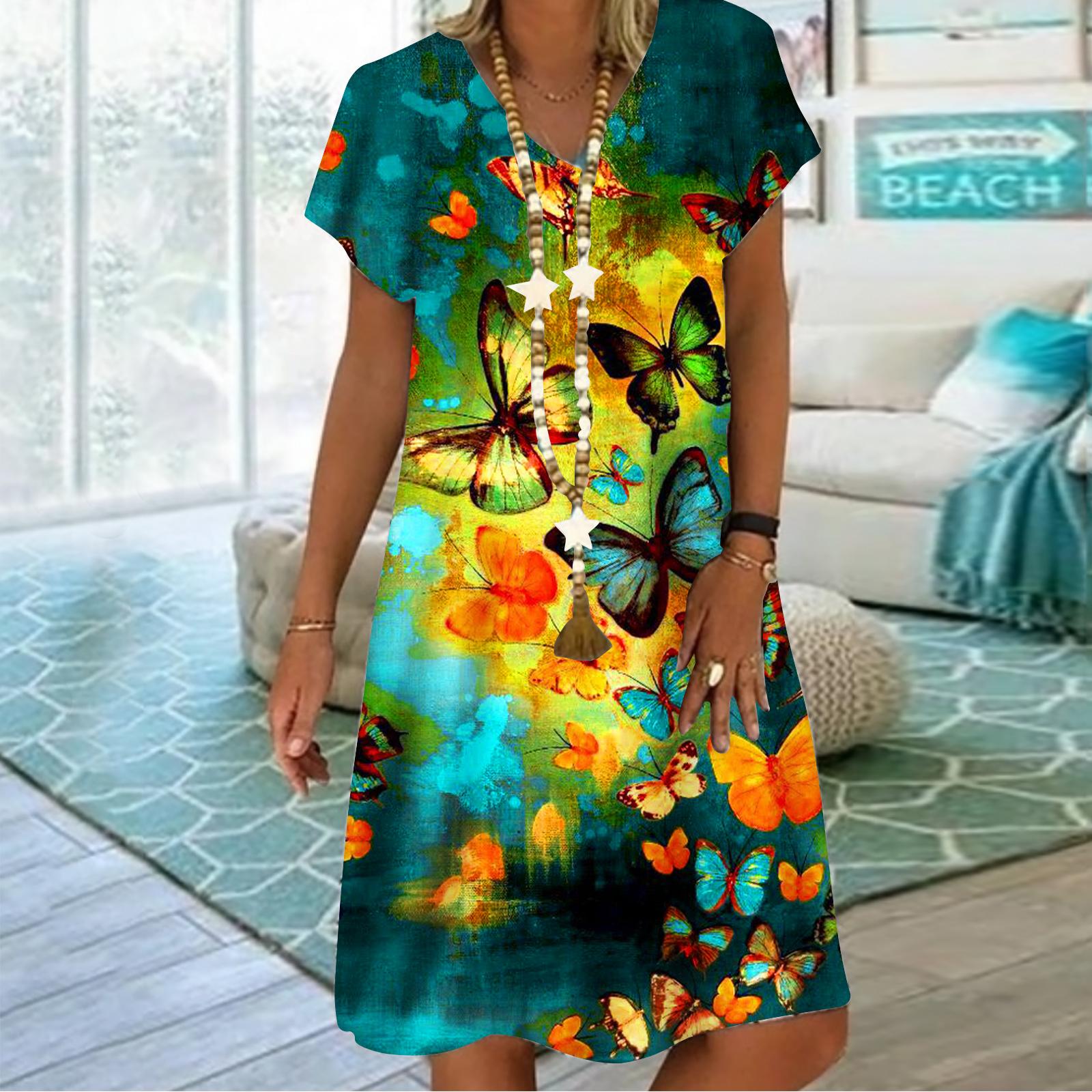 

Летнее модное платье с v-образным вырезом, женское светло-голубое платье с короткими рукавами и красивым принтом бабочек, свободное повседневное платье для женщин 7XL светло-синий