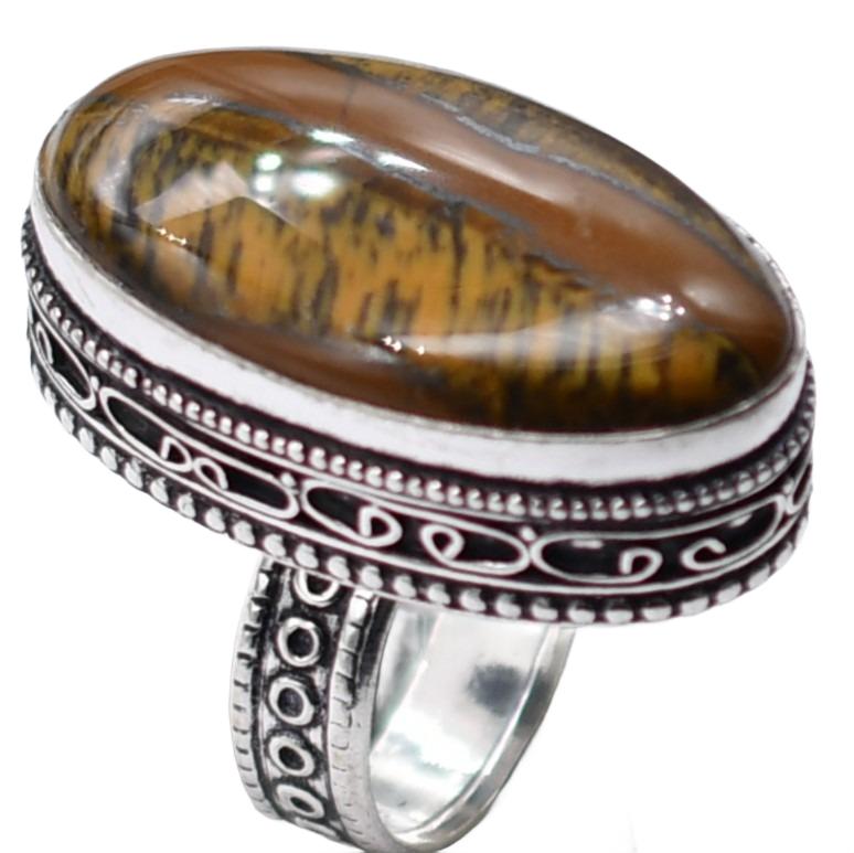Tiger Eye Natural Gemstone Antique Silver Plated Ring US Size-8.5 A 329