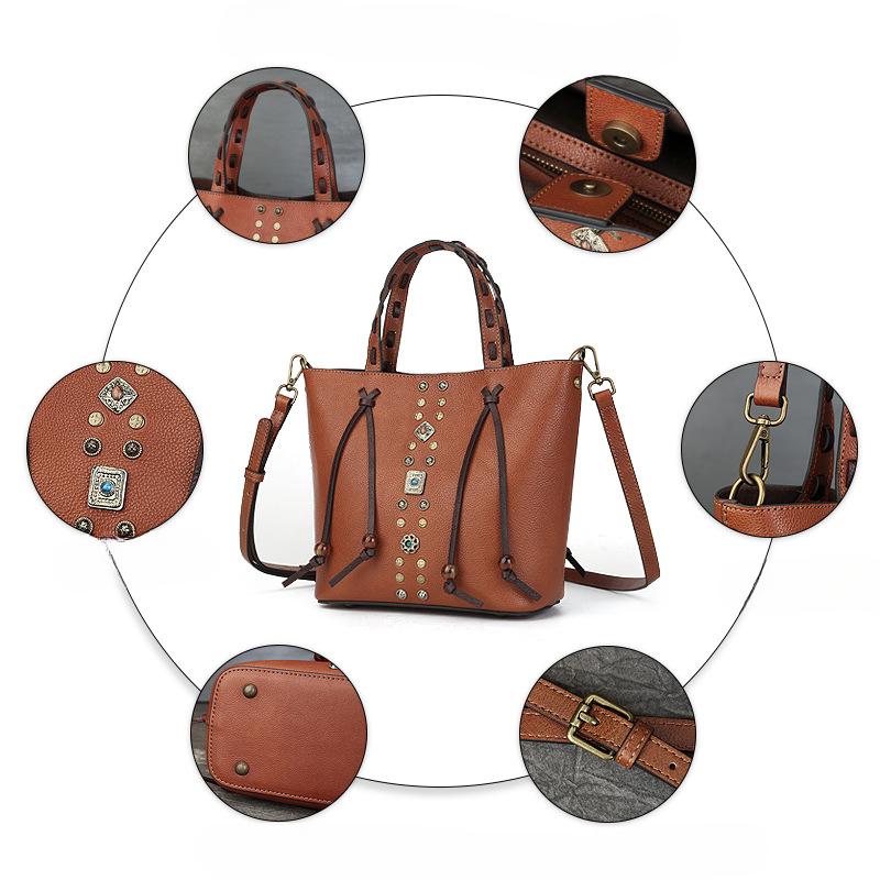 Handbag Genuine Leather Women's Bag Retro Color-blocking Rivet Bucket Bag