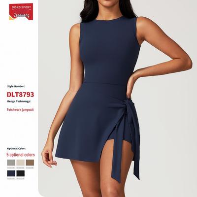 Abito sportivo bodycon a due pezzi con allacciatura e gonna da yoga/tennis anti-esposizione