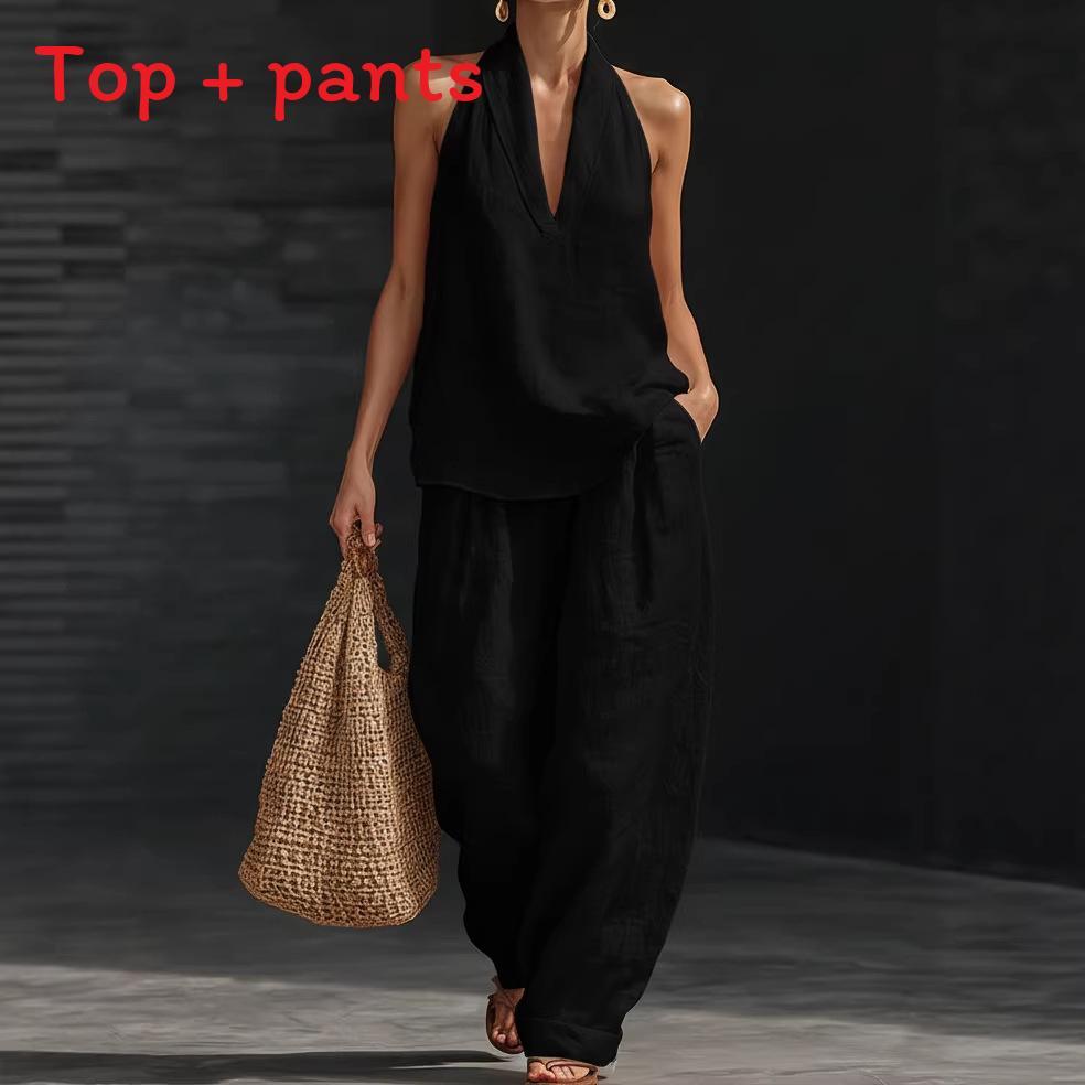 Cotton Linen Blend Sleeveless Pantsuit With Patching For Casual Women Spring Summer