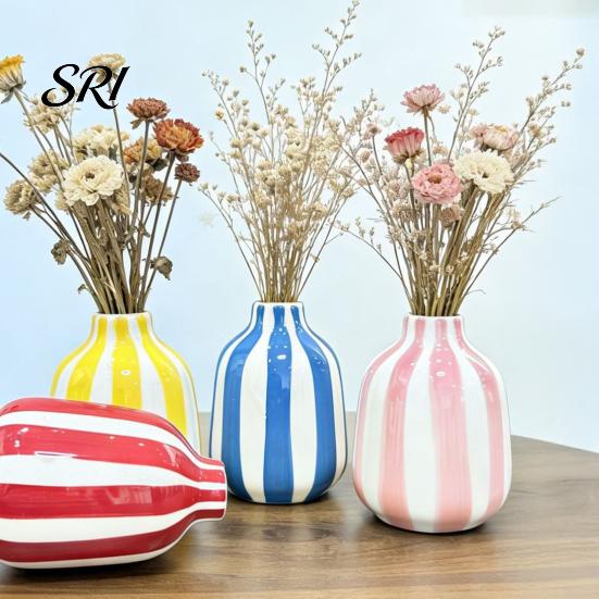 Vaso Smaltato ad Alta Temperatura Ceramica a Strisce Dipinto a Mano Moderno Nordico Boho Piccolo Contenitore Decorativo per Fiori per Tavolino Cucina Interno