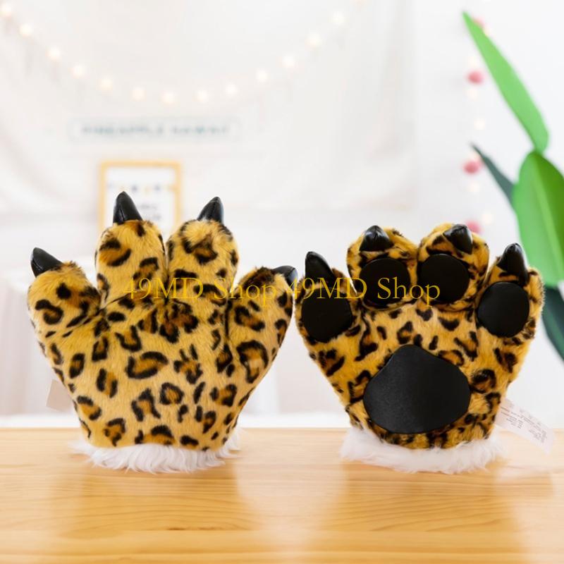 49MD Adult Kids Simulation Leopard Paw Plush Gloves Animal Stuffed Padded Hand Warmer Cosplay Costume Mittens