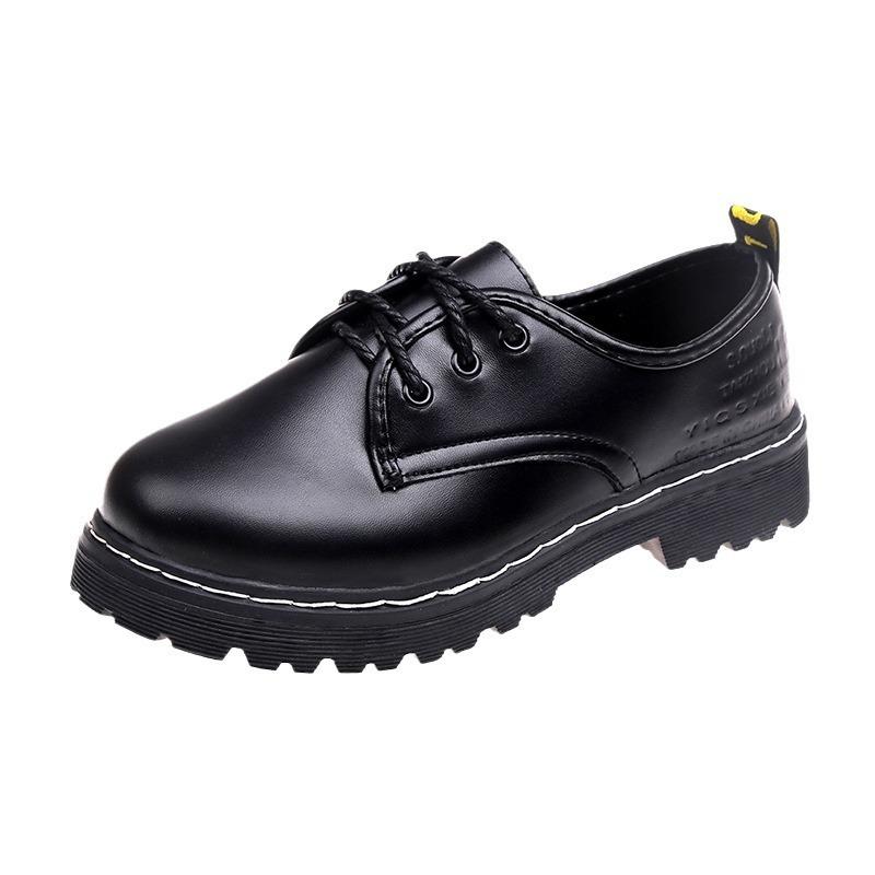 Autumn new small leather shoes women's middle heel thick heel solid color casual shoes black round head lace-up shoes