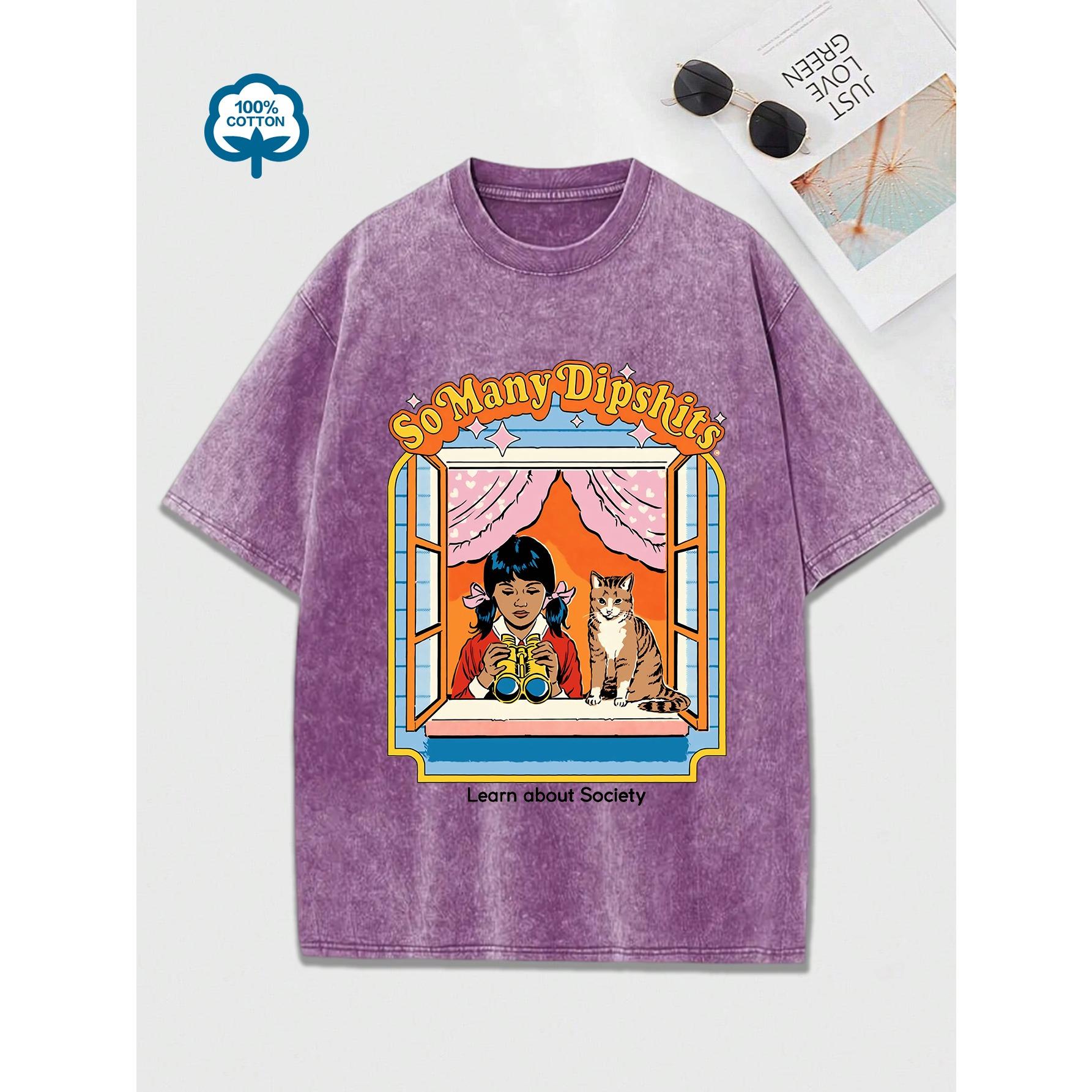 

Забавный комикс с изображением девушки и кошки, женские стираные футболки, дышащая хлопковая футболка, уличные потертые топы 3XL