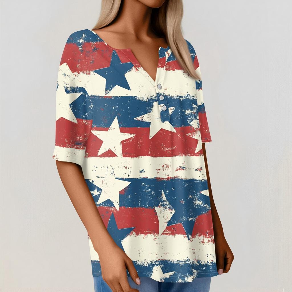 Women's T Shirt Tee Independence Day Print Button Short Sleeve Daily Weekend Fashion Basic V-Neck Regular Top