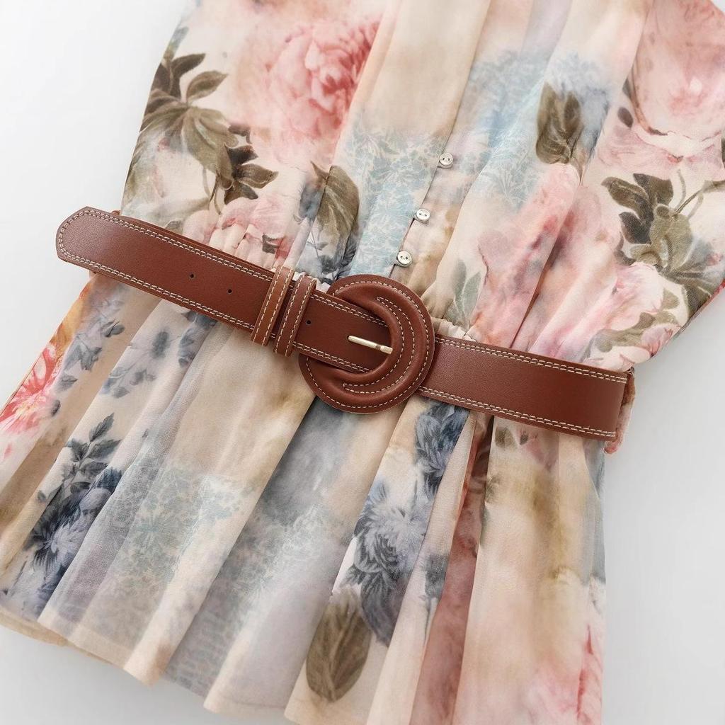 Květinové midi šaty s výstřihem do V a páskem - Dámský evropský a americký styl 2025 Jarní/podzimní kolekce