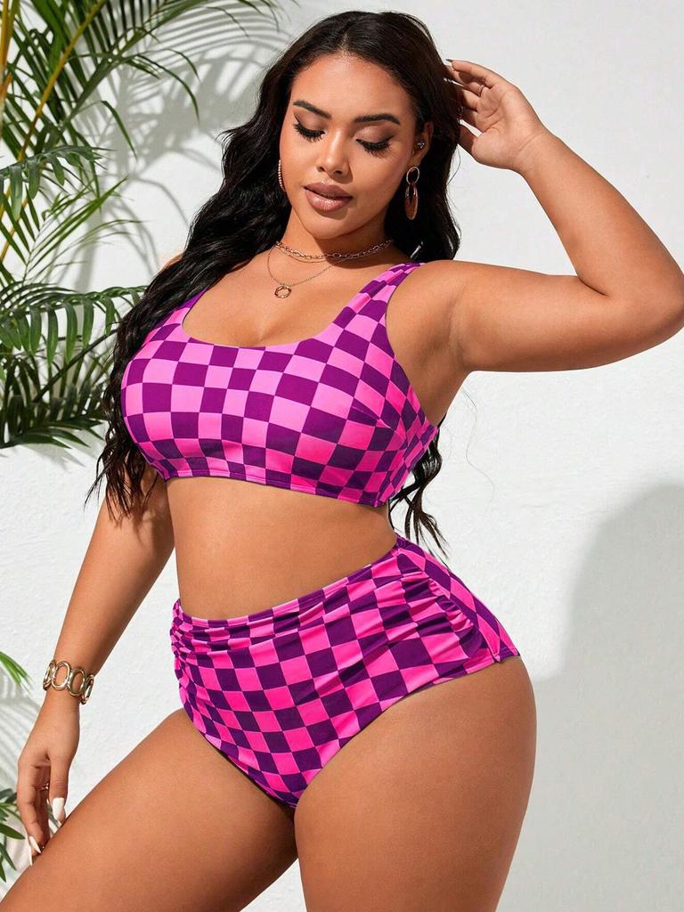2026 Plaid Print High Waist Tummy Control Plus Size Bikini Swimsuit for Women