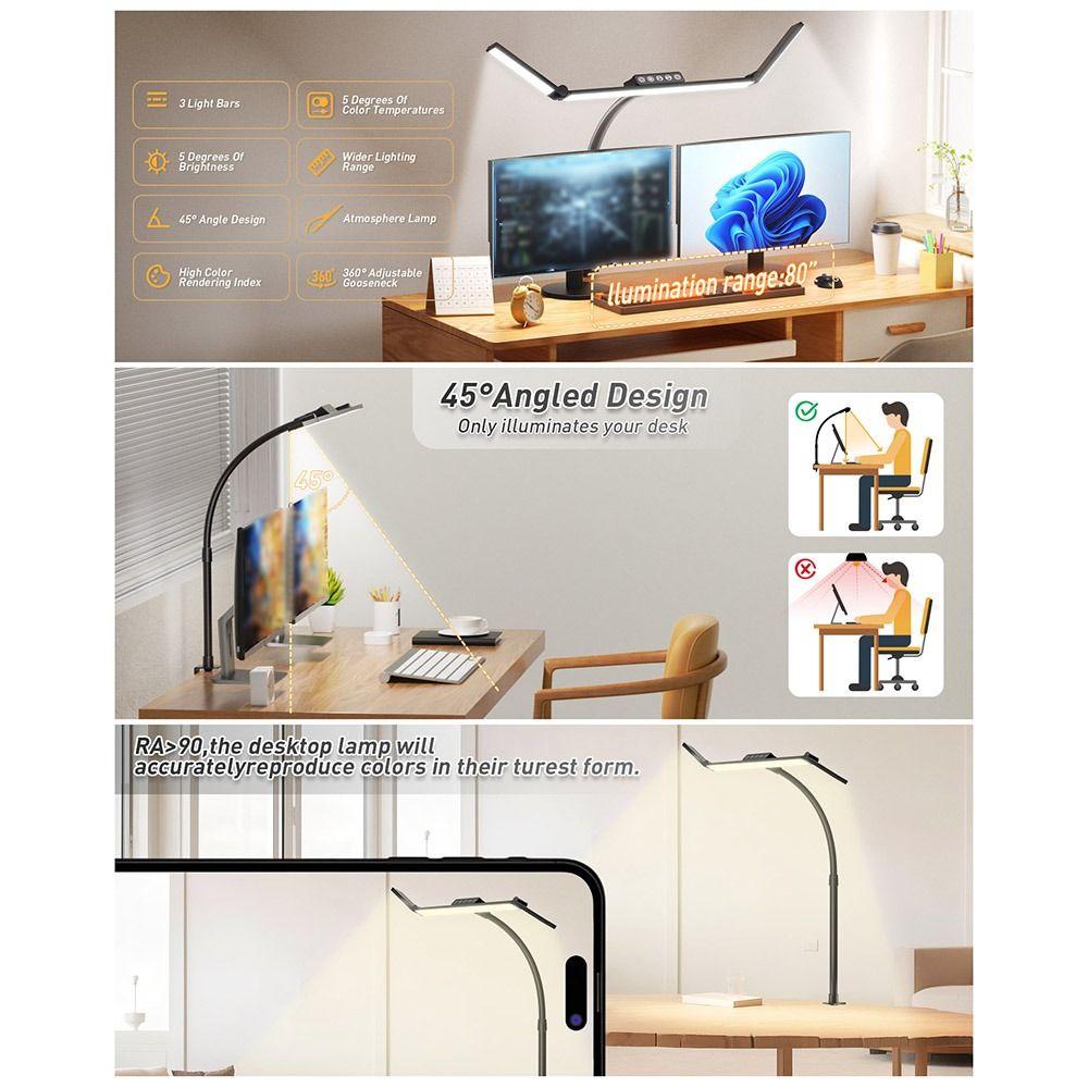 Plastic USB Table Light 10 Brightness Levels 3 Heads Desk Lamp Metal Construction Clip On Design Folding Arm Lamp Office Use