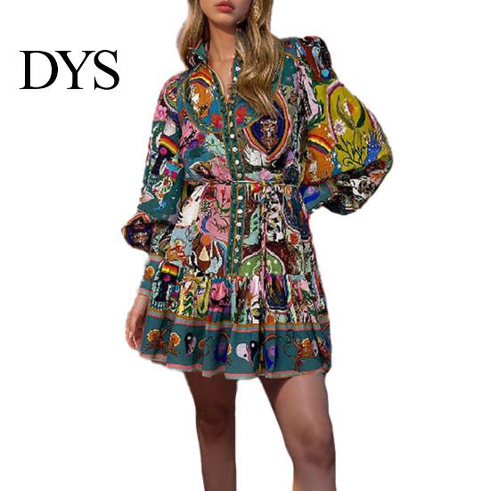 Stand Collar Lantern Sleeve Dress Fall Summer Women Single-breasted Long Sleeves Slim Vintage-inspired Waist Vintage Ruffle Edge Pleated Colorful