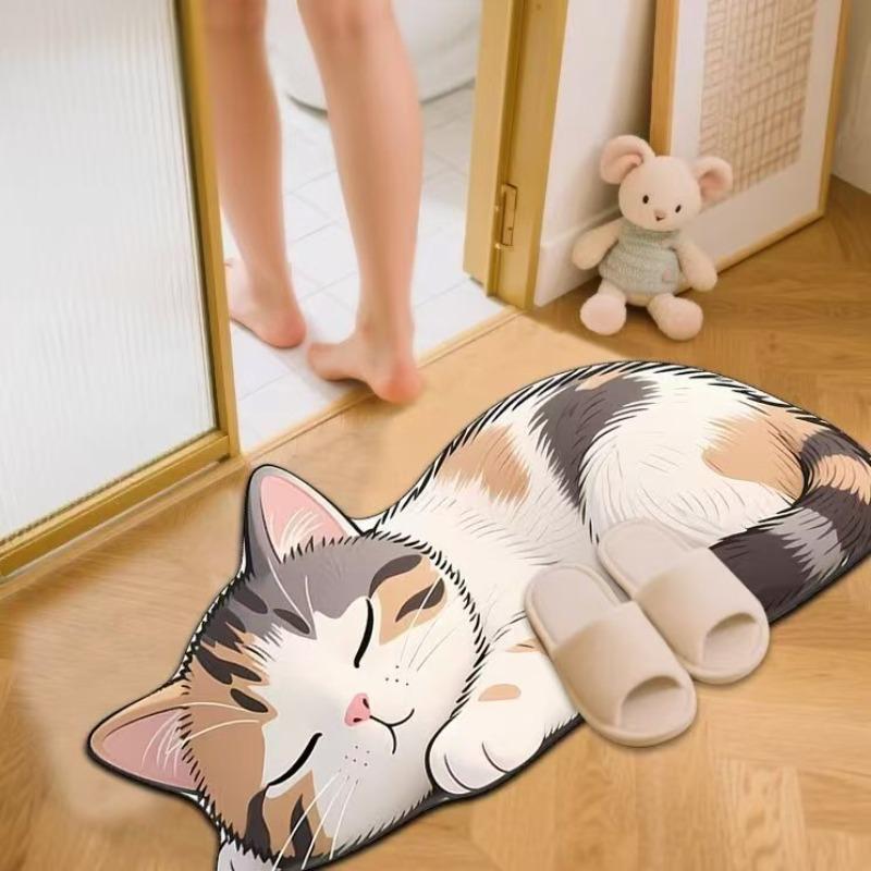 Floor Mat Non-Slip Backing Cat Design Easy Maintenance Versatile Rug Living Room Bathroom Kitchen Home Decor