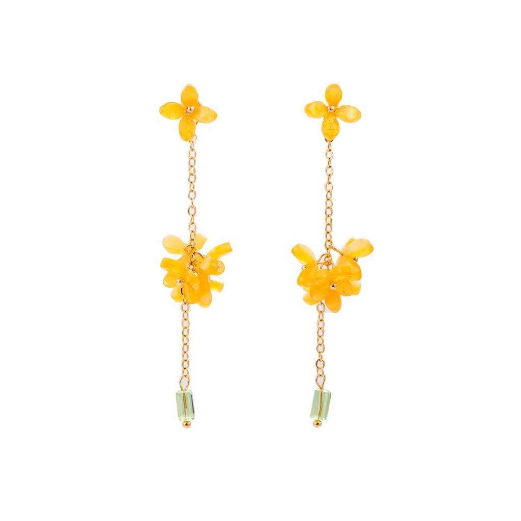 Retro Oil Painting Style Osmanthus Fringed Stud Earrings Design Long Yellow Flower Fringed Ancient Style