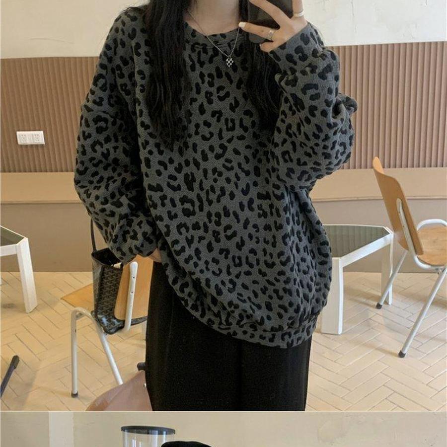 Leopardmönstrad Rundhalsad Fleecetröja för Kvinnor Vår/Höst 300lbs Design Mode Lös Vardaglig Långärmad Topp