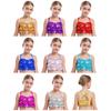 Kids Performance Crop Top - Glittery Sequins Ruffled Metallic Camisole Cross Back for Jazz Dance