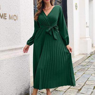 Solid Color Autumn Winter Women Pleated Lace Up Dress Sizes S To XXXL V Neck Long Sleeve Maxi Temperament