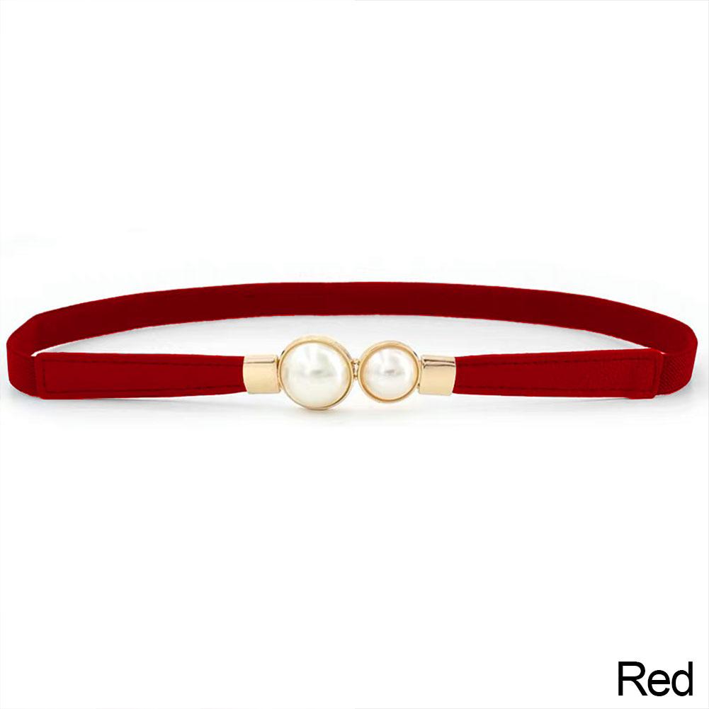 Women Double Pearl Belt Female Black Red White PU Leather Dress Skirt Waist Elastic Thin Belts Ladies Designer Waistband