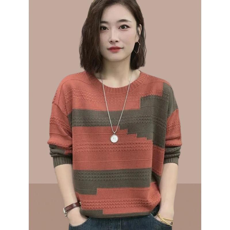 

rust and olive color block crew neck knit sweater for women onesize червоний