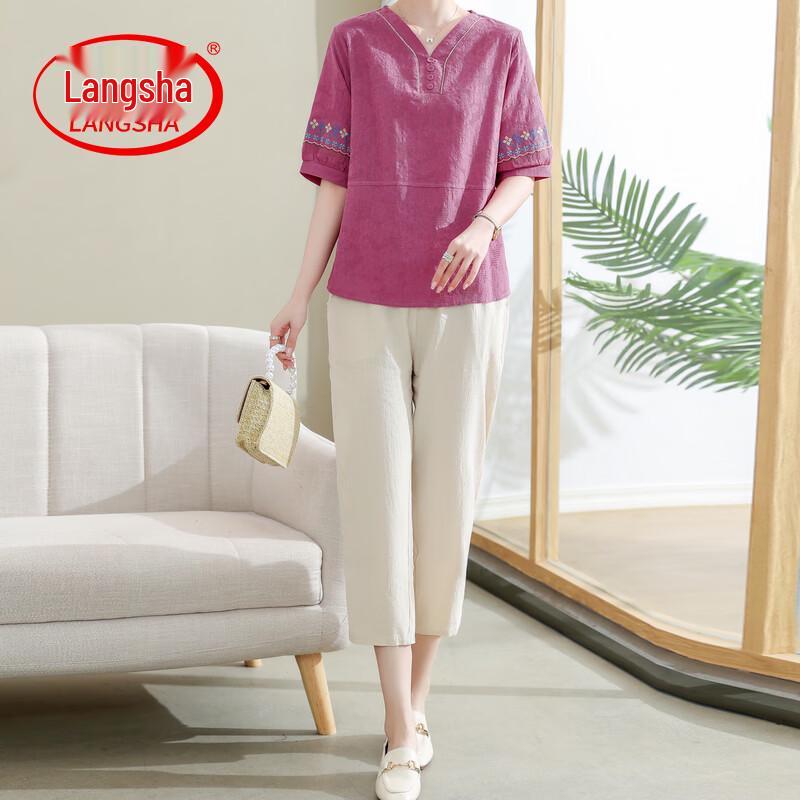 

LangSha Women s Summer Cotton Linen Short Sleeve Two-Piece Set 3XL