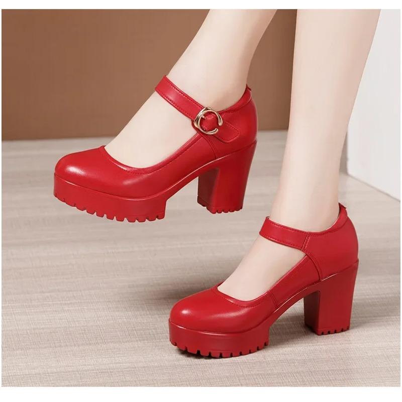 Shallow Thick Bottom Shoes Platform Pumps Block High Heels Shoes Office Model