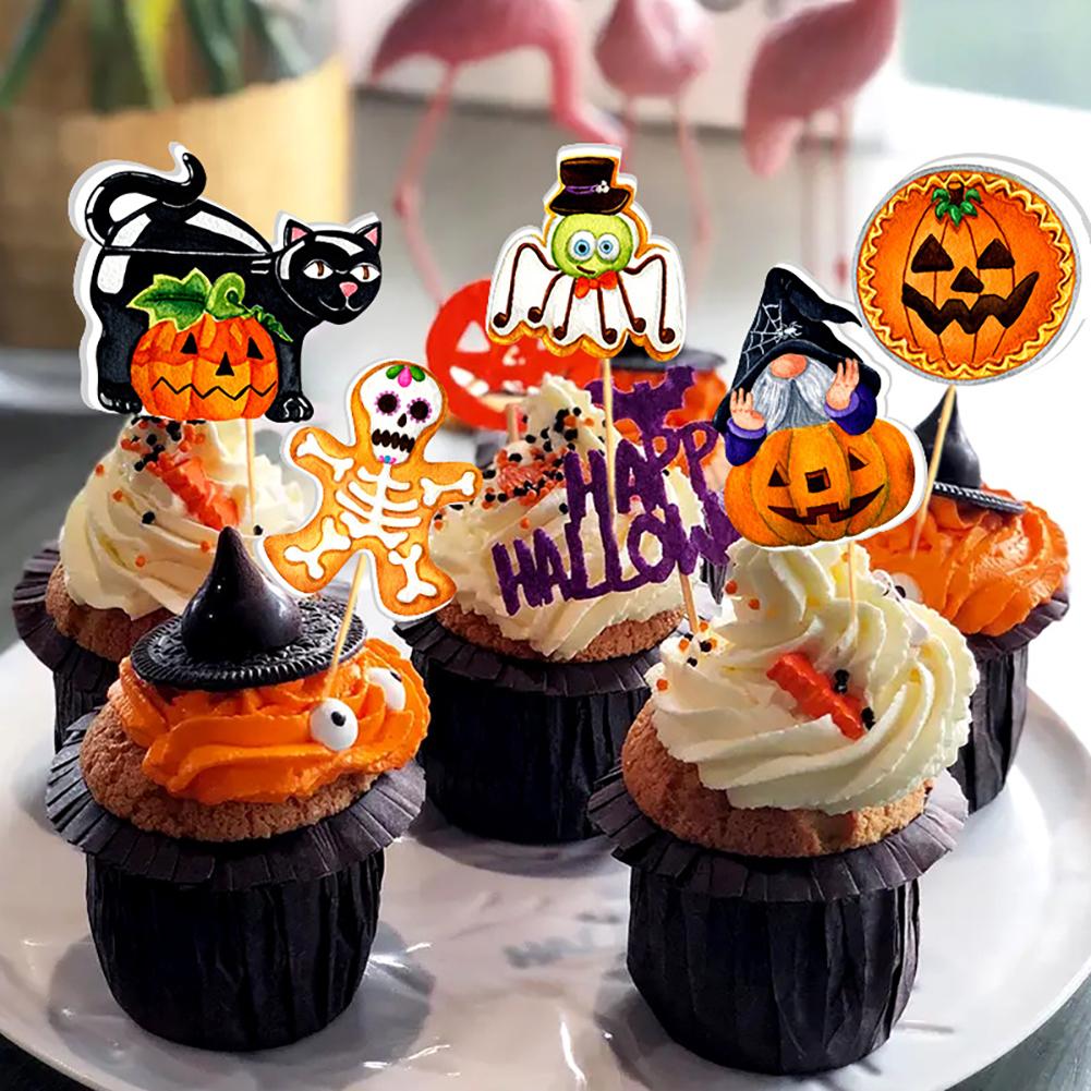 Halloween Cake Topper 16pcs Spooky Ghost Pumpkin Cupcake Decor Dessert Picks Eco-Friendly Festive Baking Supplies Halloween