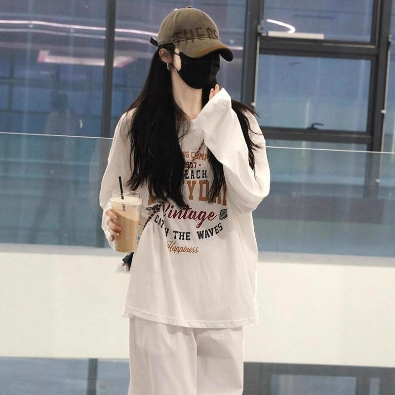 

Spring Autumn Letter Printing Cotton Pullover T-shirt Female Long Sleeve Vintage Round Neck Simple Tee Top Women M белый