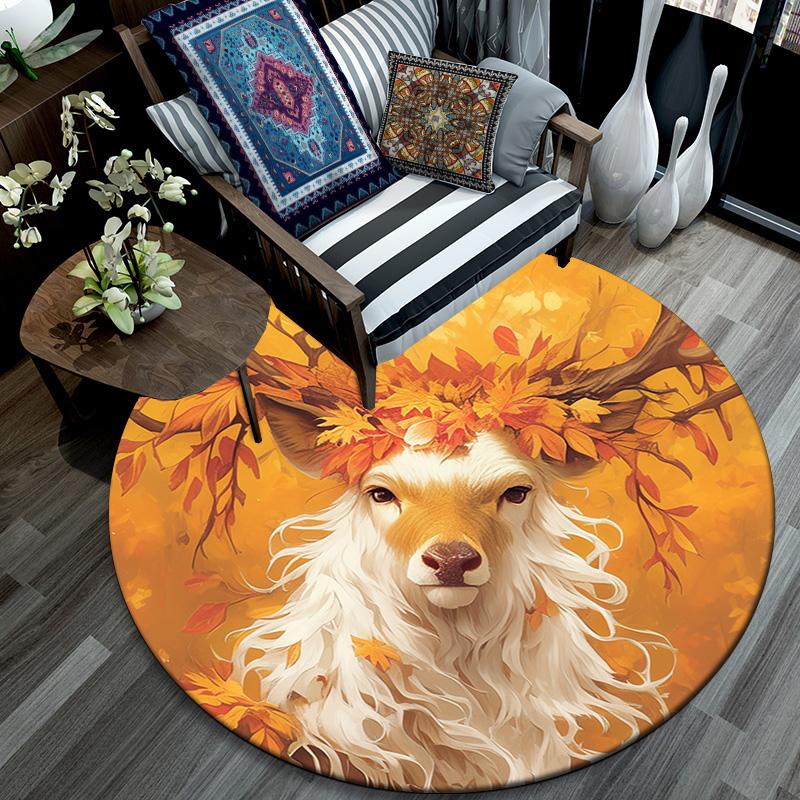 Autumnal Deer Round Area Rug,Carpet Rug for Living Room Bedroom Sofa Playroom Decor,Non-slip Floor Mat