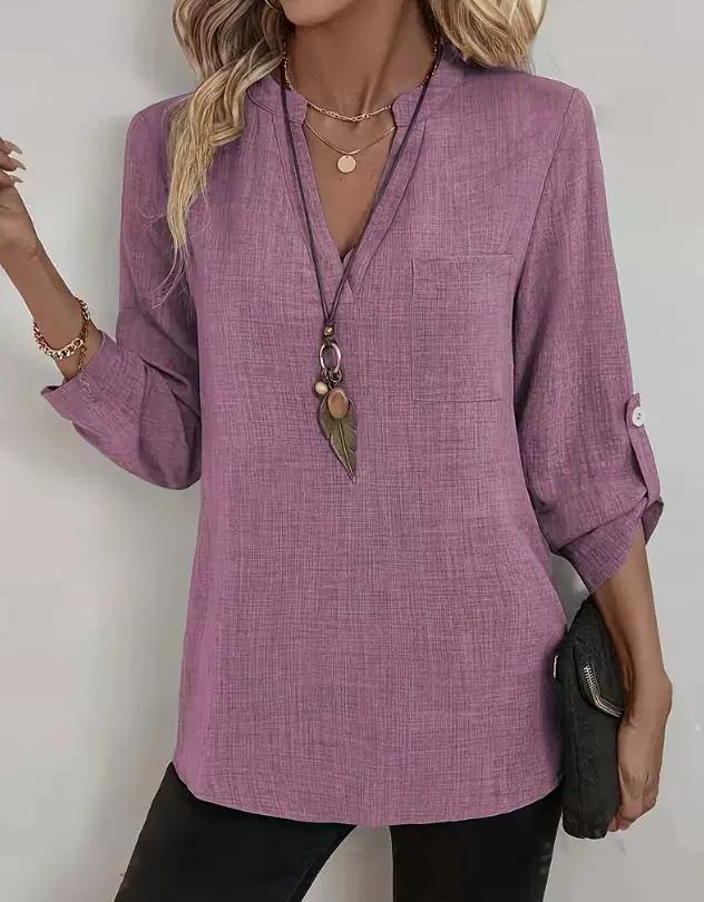 Damen V-Ausschnitt Leinenmischung Bluse Lässig Locker 3/4 Ärmel Tunika Top mit Tasche