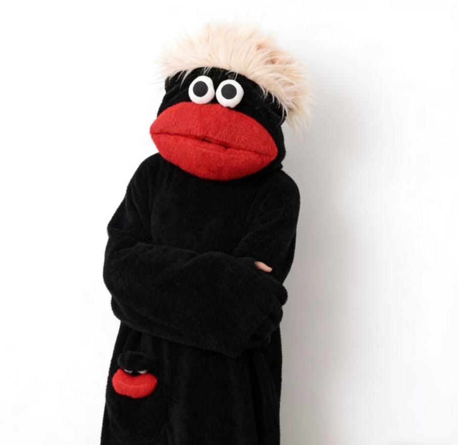 Big Mouth Monster Plush Long Hair Pajamas: Warm Winter Coral Fleece Bathrobe for Couples