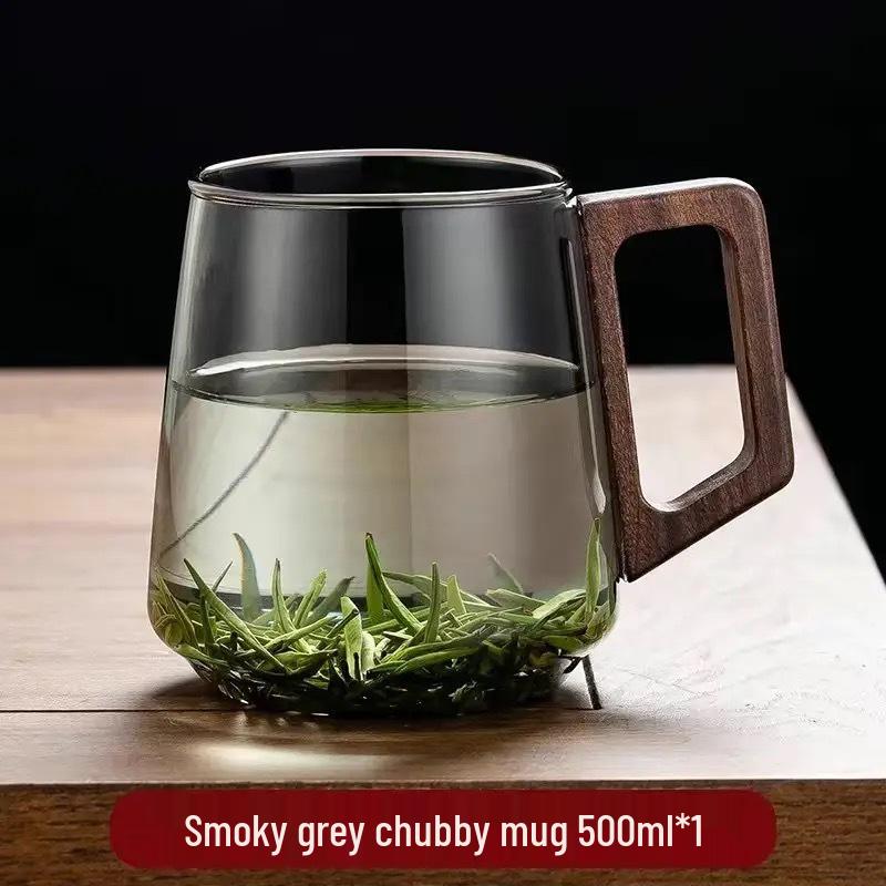 High-Temperature Resistant Glass Tea Cup with Walnut Handle, Perfect for Home or Office Use