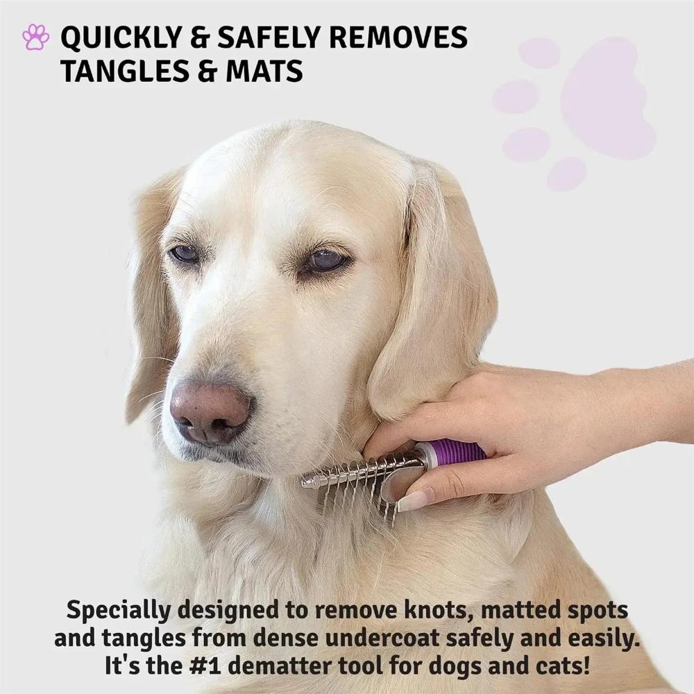 Pet Dematting Fur Rake Comb Brush Tool Dog and Cat Comb with Long Safety Blades for Detangling Matted or Knotted Undercoat Hair