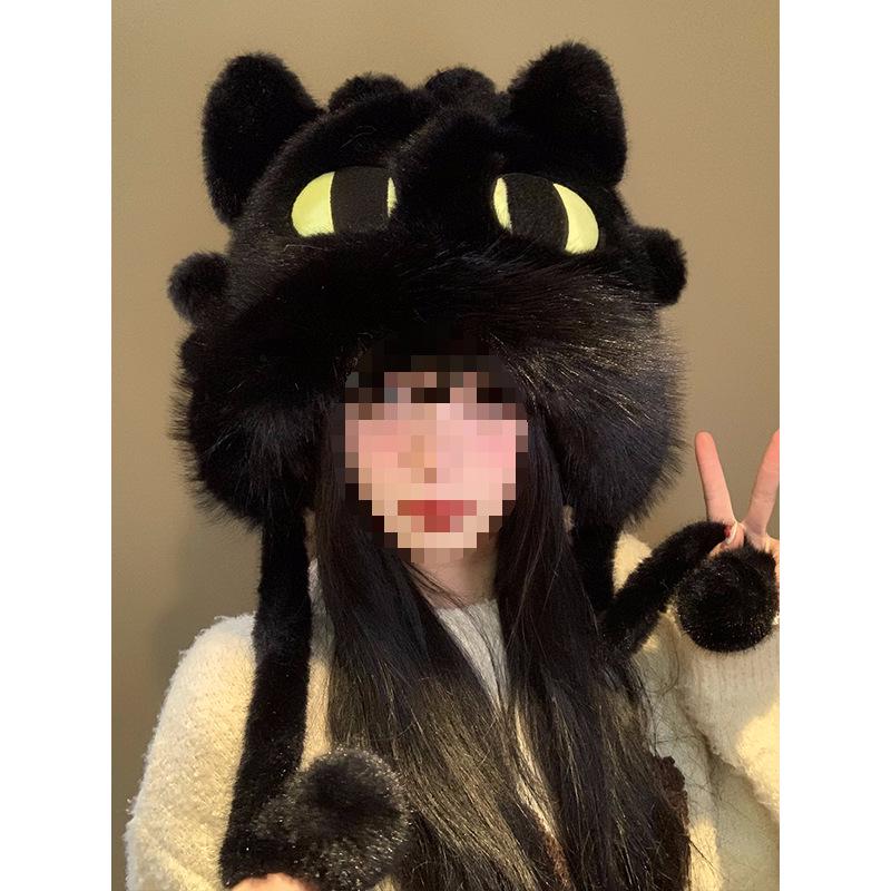 Women's Cute Black Toothless Plush Hat: Fleece-lined, Thick, Warm, Cold-proof, Ear-Protecting Winter Riding Hat.