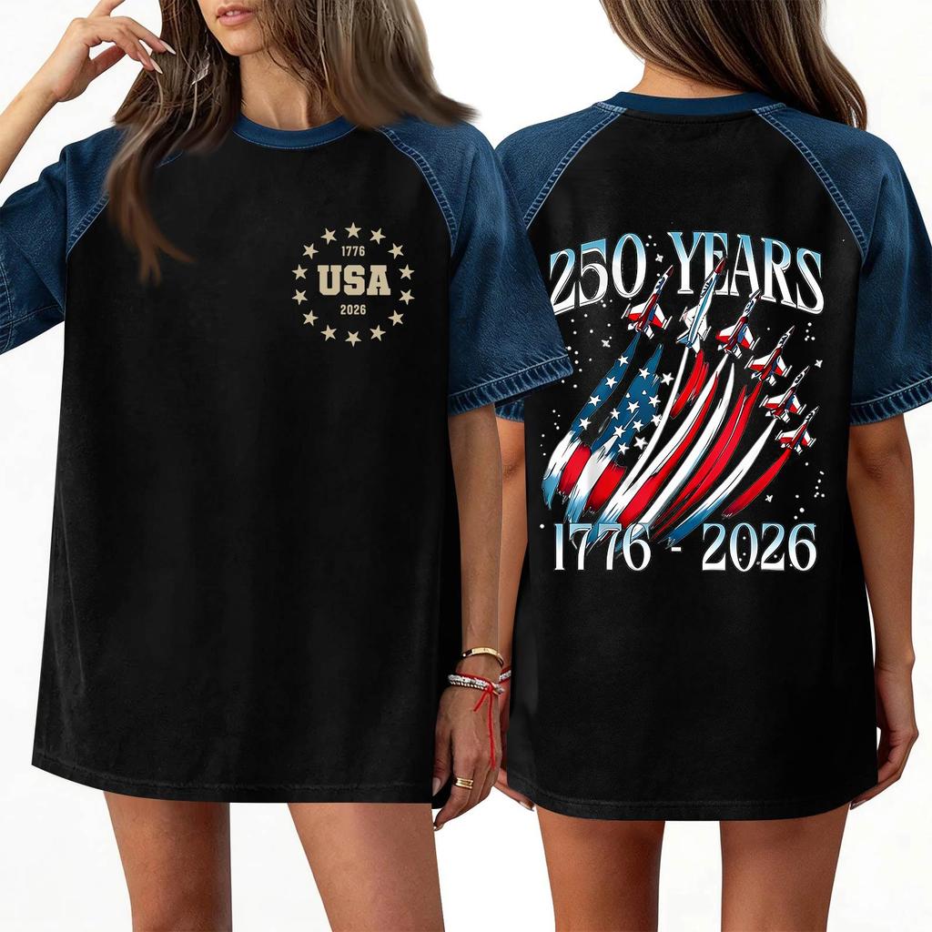 Denim Patchwork Shirts For Women Stand Collar Casual Blouse Short Sleeve Comfy Tshirt Spring Summer Fashion
