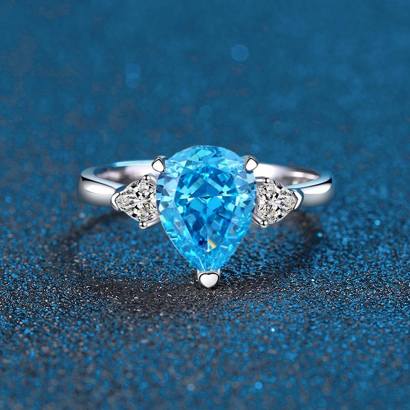 New S925 Sterling Silver Women's Ring, Ice Cut Water Drop Design In Blue, Yellow, Pink, White Colors with Simple Diamond Accents.