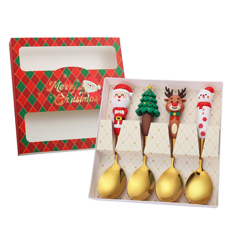 2/4Pcs Christmas Dinnerware Stainless Steel With Luxury Gift Box Tableware Dessert Fork Coffee Spoon Santa Cutlery For Christmas