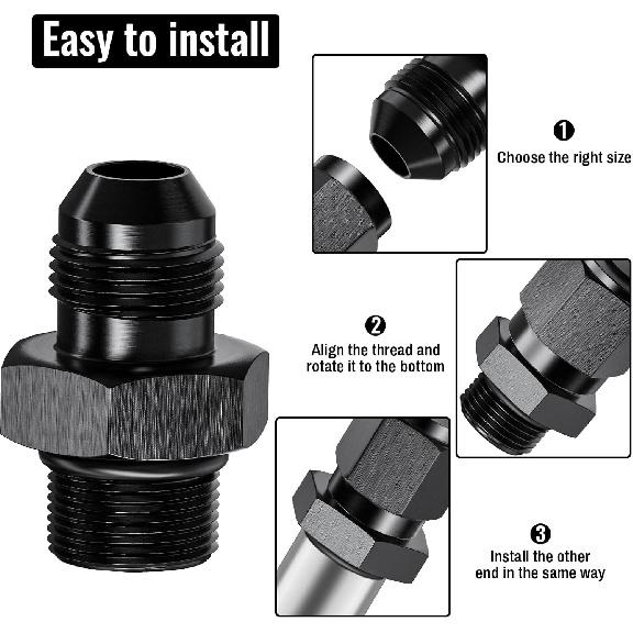 2Pcs 6AN Male to 6AN ORB Male Flare Fitting Adapter with O-Ring, Straight Black Hard Aluminum Hex Anodized Connector, Automotive Accessories Suitable