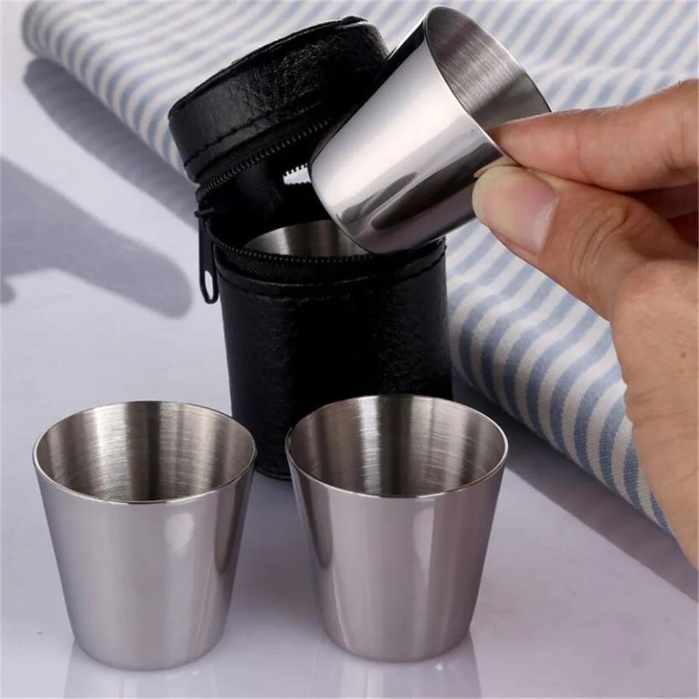 Mini Stainless Steel Shot Glass Cup Wine Drinking Glasses With Leather Cover Bag For Home Kitchen Bar