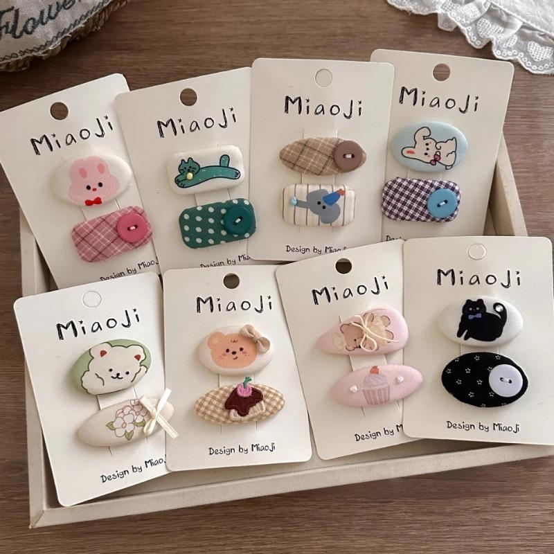 2pcs Cute Cartoon Hairpins Printed Fabric Children's Bangs Side BB Clip for Kids Girls Plaid Hair Clips Hairpin Hair Accessories