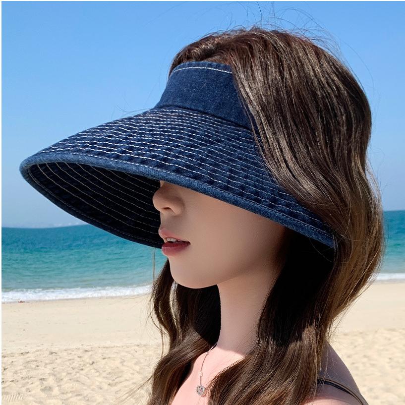 Women's Niche Luxury Washed Denim Sun Visor Fashion Wide Brim Sun Hat Trendy Casual Outdoor Sun Cap