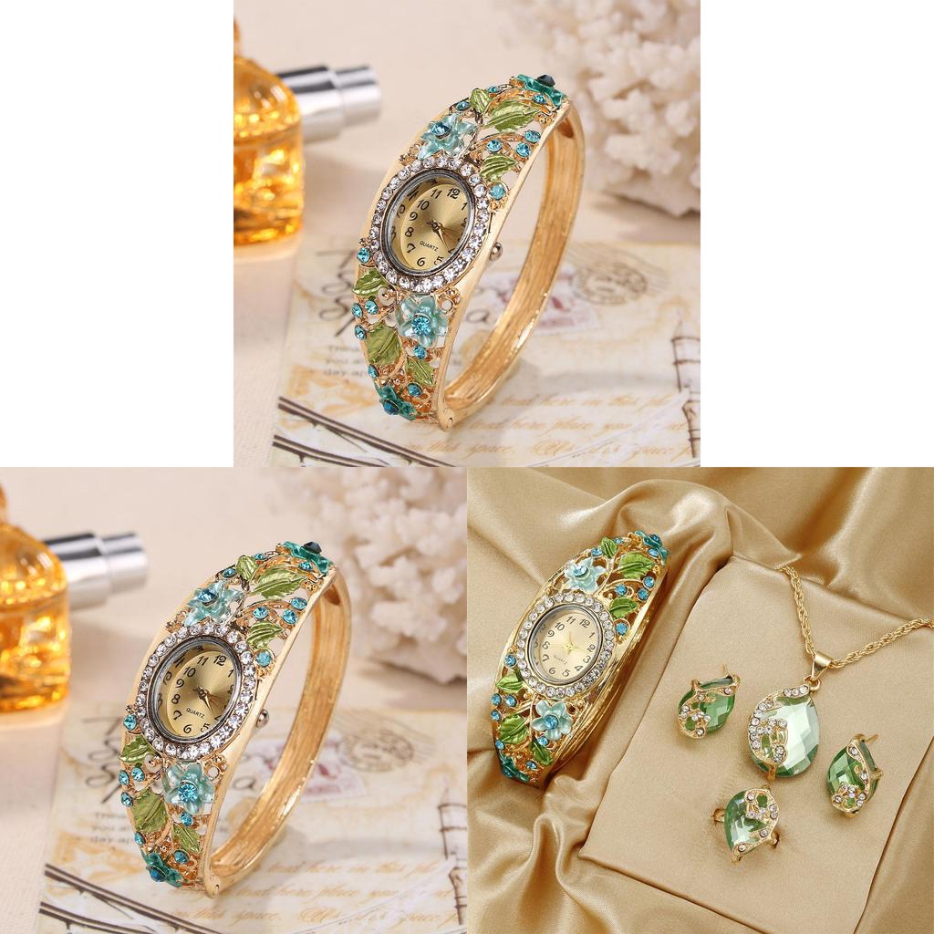 Vintage Cloisonne Floral Ladies Watch Jewelry Set With Quartz Movement For Elegant Wear