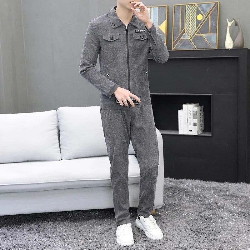 Men Autumn  Casual Track Suit Corduroy Sets Two Piece Long Trousers and Jakcet Clothing Men  Pockets Suits