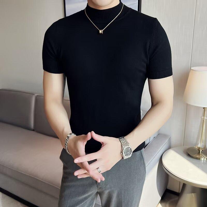 Men Half Turtleneck Short Sleeve Knit Shirt Slim Fit Solid Color Casual Pullover