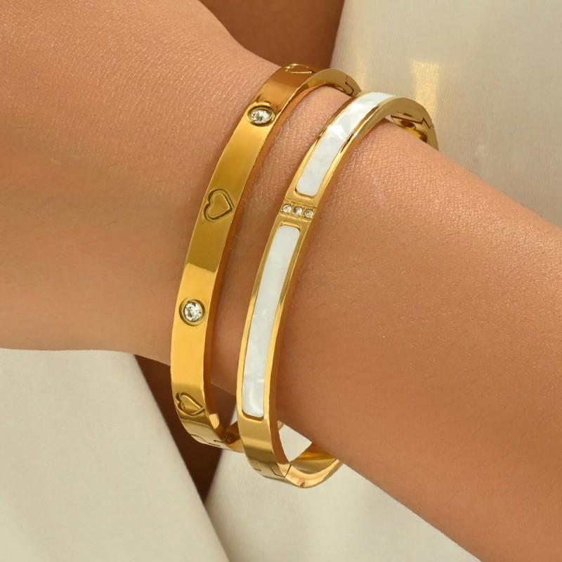 Stainless Steel Gold Plated Clover Charm Bangle Set With Rhinestone Accents Women
