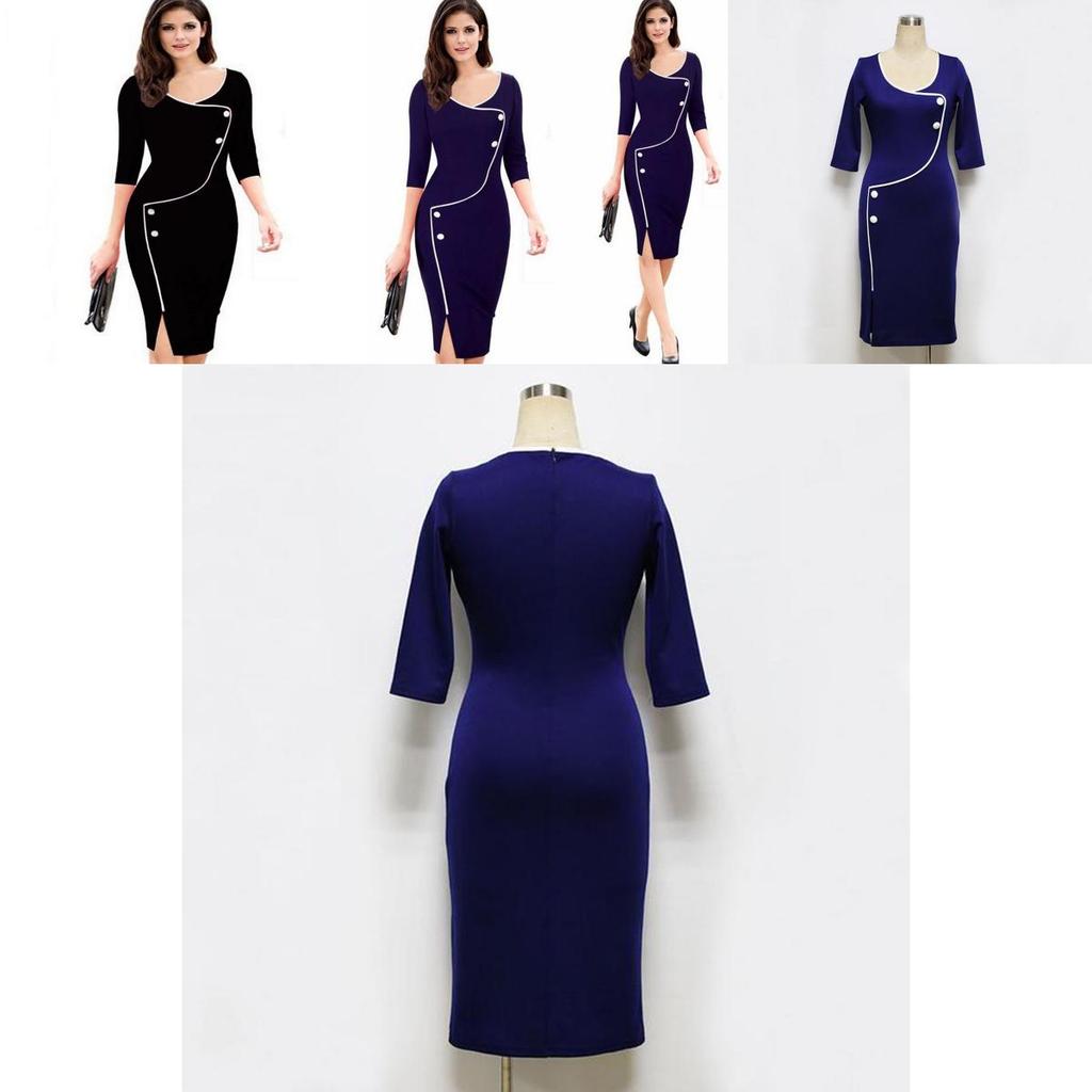 Elegant Womens Vintage Brief Split Bottom Dress With Timeless Deep O-neck Design