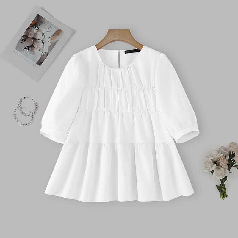 ZANZEA Lässige Bluse mit Rundhalsausschnitt, einfarbig, locker und kurzärmelig für Damen