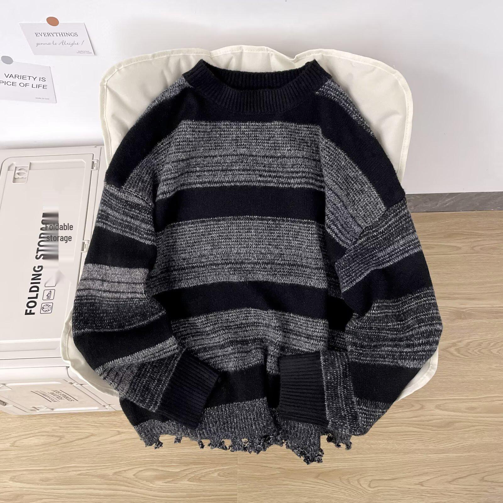 Unisex Retro Color Block Stripe Sweater - Frayed Loose Knit Cardigan for AutumnWinter XXL чёрный 2380₽