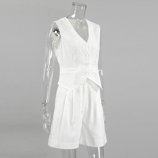 2Pcs/Set Women Vest Shorts Suit Summer V Neck Casual with Pocket Sleeveless Solid Color Ladies Waistcoat Top Shorts Kit Office Wear