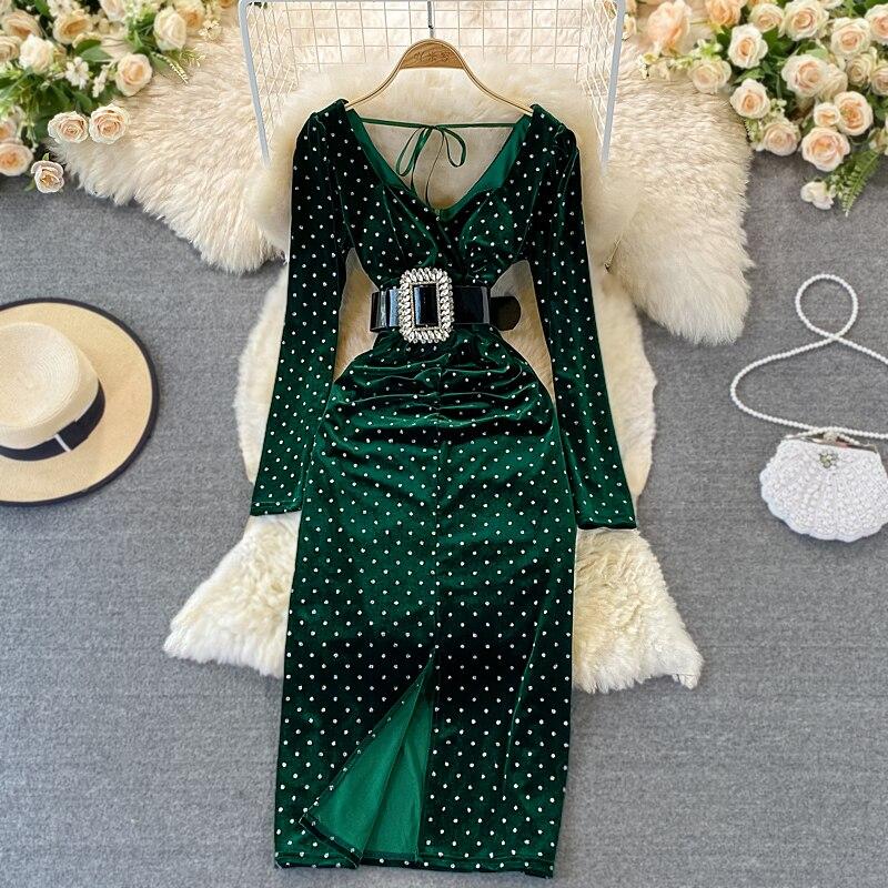 

Осеннее и зимнее модное бархатное платье-футляр с v-образным вырезом, элегантное темпераментное платье с разрезом на бедрах и запахом