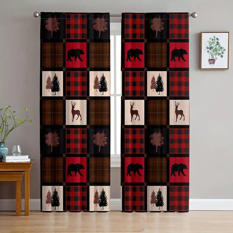 

Christmas checkered printed curtains Christmas decorations bedroom and living room home decoration room decoration 100*130 Grommet Top 1pcs