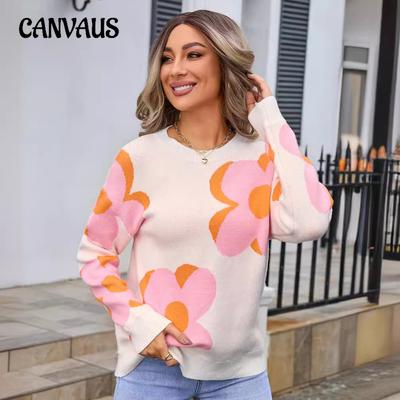 Autumn and Winter Women's Pullover Printed Sweater Round Neck Fashion Large Flower Sweater
