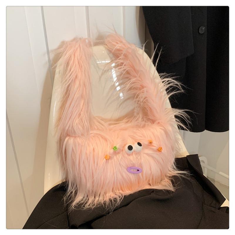 

Funny Plush Shoulder Bag Cute Long Hair Versatile Winter Underarm Bag Women s Fashion Bag Accessories розовый